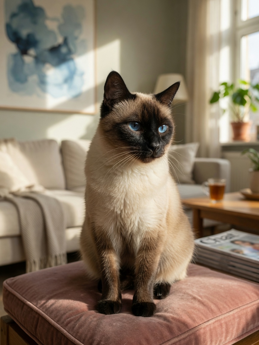 An elegant seal-point Siamese cat with striking blue eyes and cream-colored body sitting on a cushion in natural light