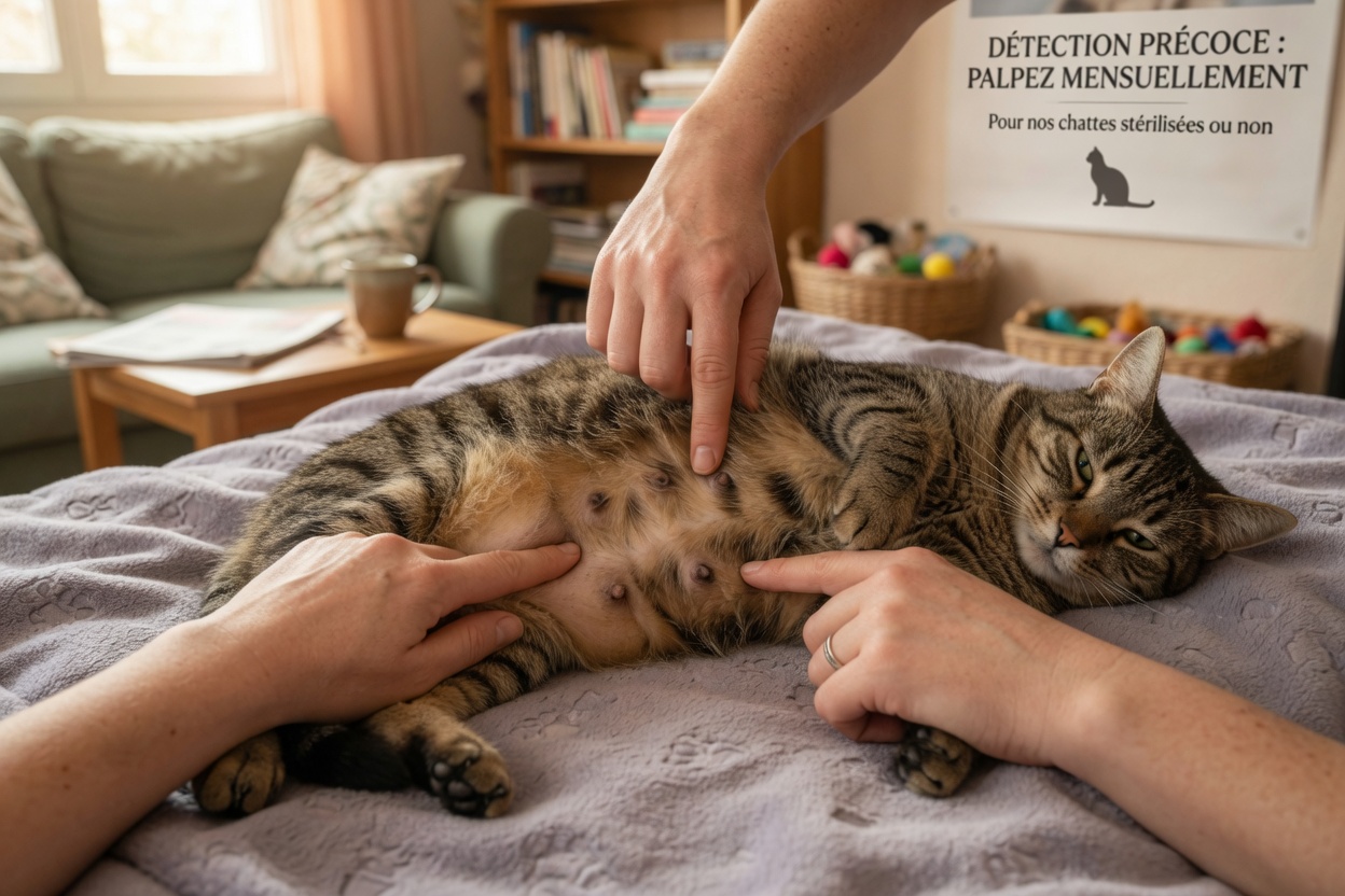 Owner's hands gently palpating a relaxed tabby cat's mammary chain during a home examination on a soft blanket