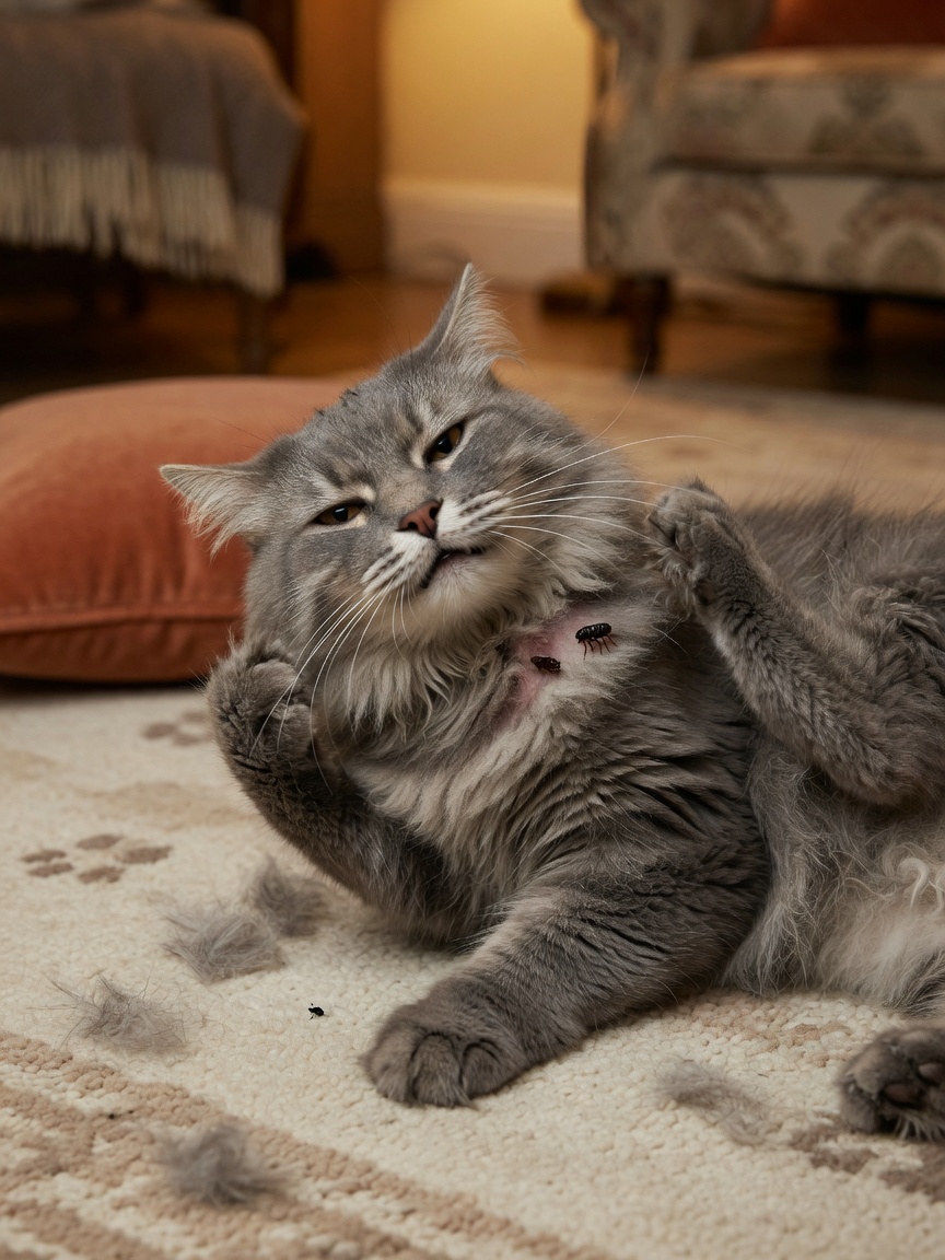 Cat intensely scratching and over-grooming its neck due to flea allergy dermatitis