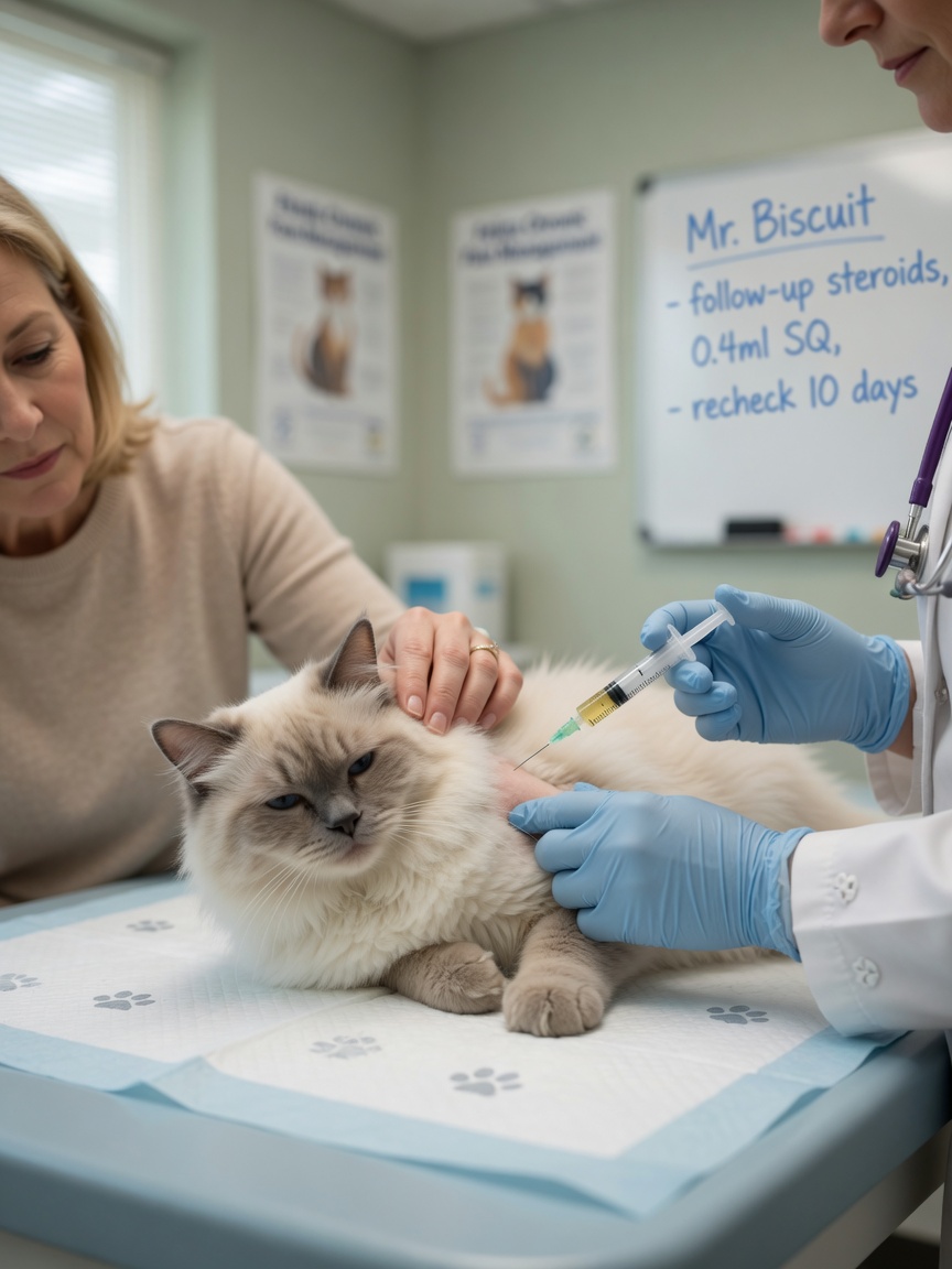 Veterinarian administering corticosteroid injection to a calm cat during dermatitis treatment