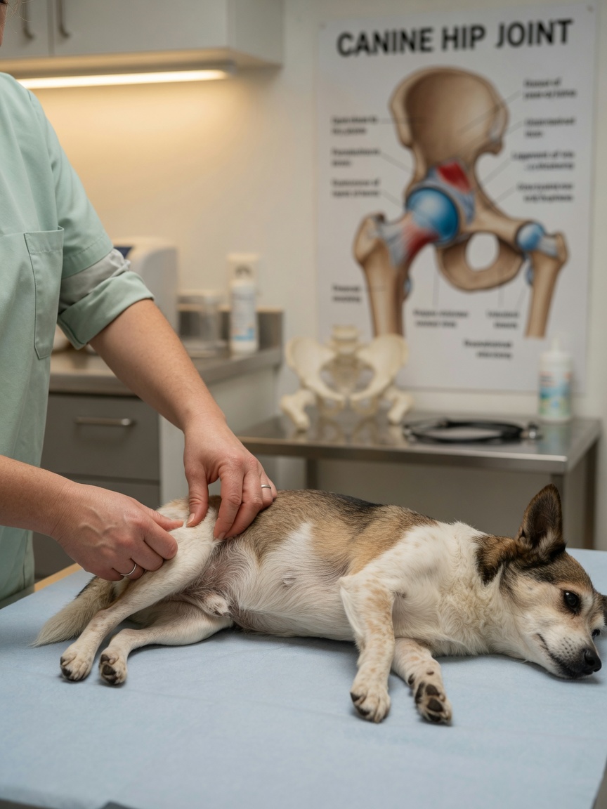 Veterinarian examining a dog's hip joint during clinical assessment for FHNE surgery