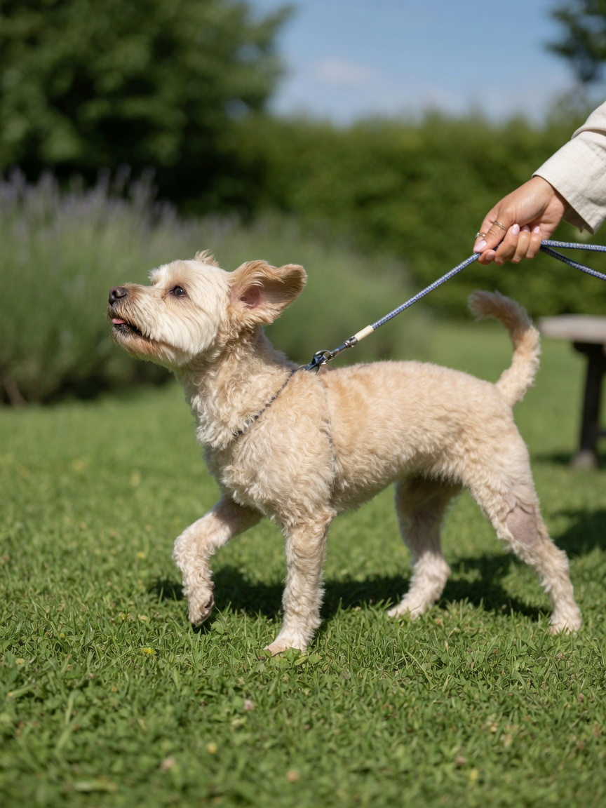 Small dog on controlled lead walk during post-operative FHNE rehabilitation outdoors