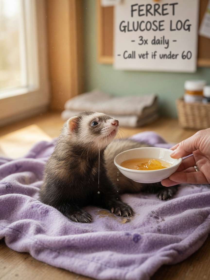 Elderly ferret experiencing hypoglycemic episode with glazed stare and drooling