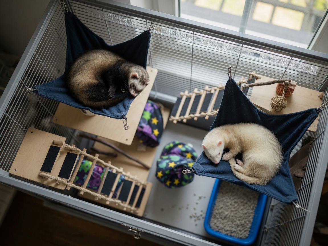 Two ferrets resting in separate hammocks inside a multi-level cage with ramps, platforms, litter tray, and enrichment items