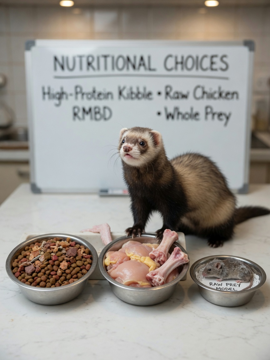 Alert ferret at feeding station with bowls of grain-free kibble, raw chicken, and whole meaty bones representing obligate carnivore diet
