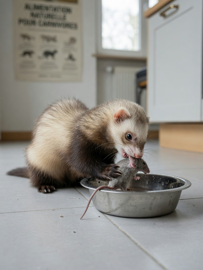 Domestic ferret with dark eyes eating whole raw mouse from stainless steel bowl