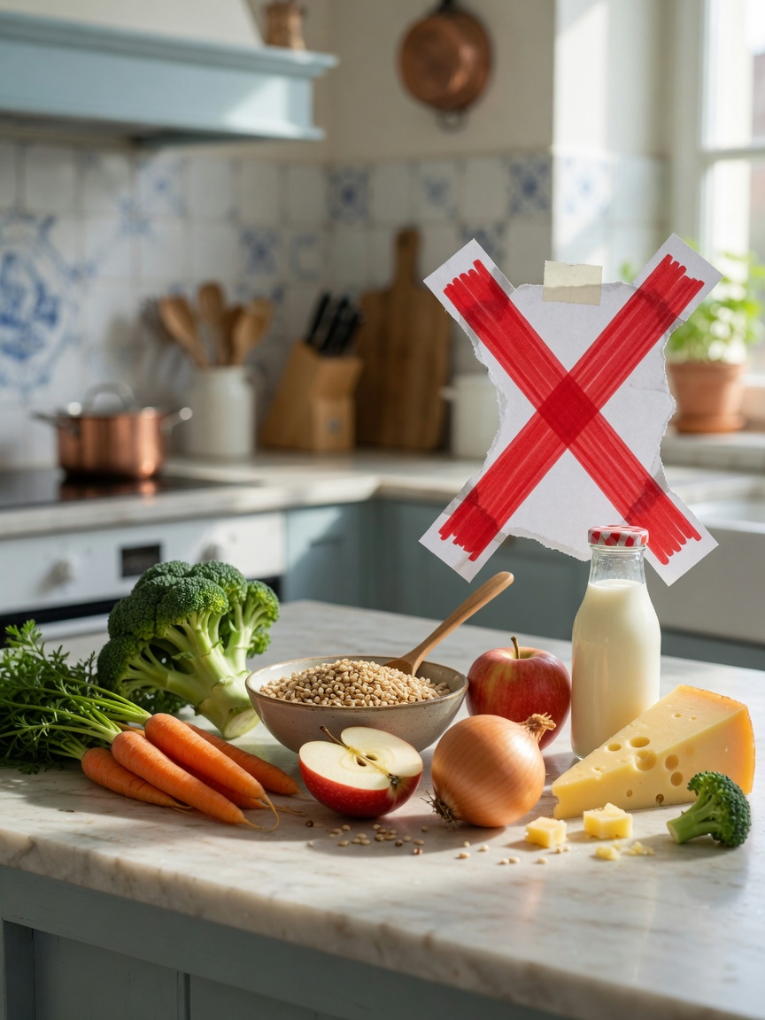 Forbidden ferret foods including vegetables, grains, fruit, onion and dairy products with red X marking on kitchen counter