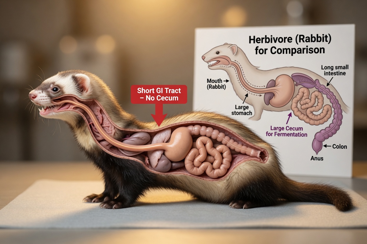 Illustration scientifique d'un furet montrant l'anatomie du tube digestif court et l'absence de cæcum