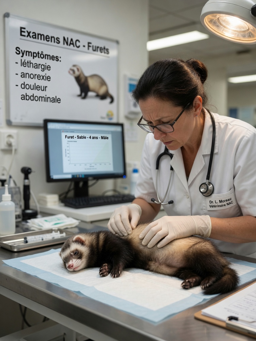 Un vétérinaire spécialisé examinant un furet malade lors d'un examen clinique pour les complications de l'insulinome