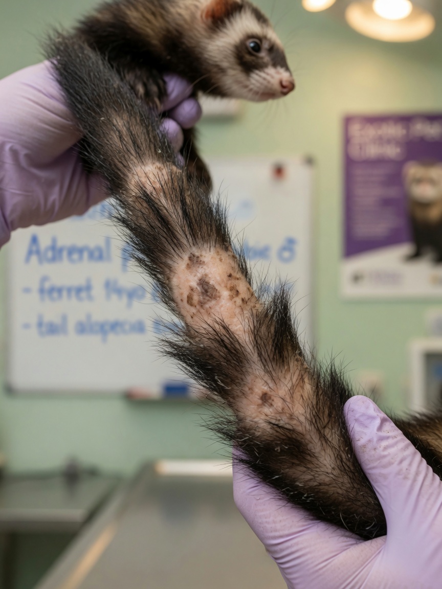 Close-up of ferret tail with symmetrical hair loss characteristic of adrenal disease