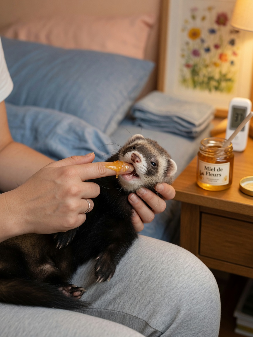 Ferret owner providing emergency glucose support with honey during a hypoglycemic episode at home