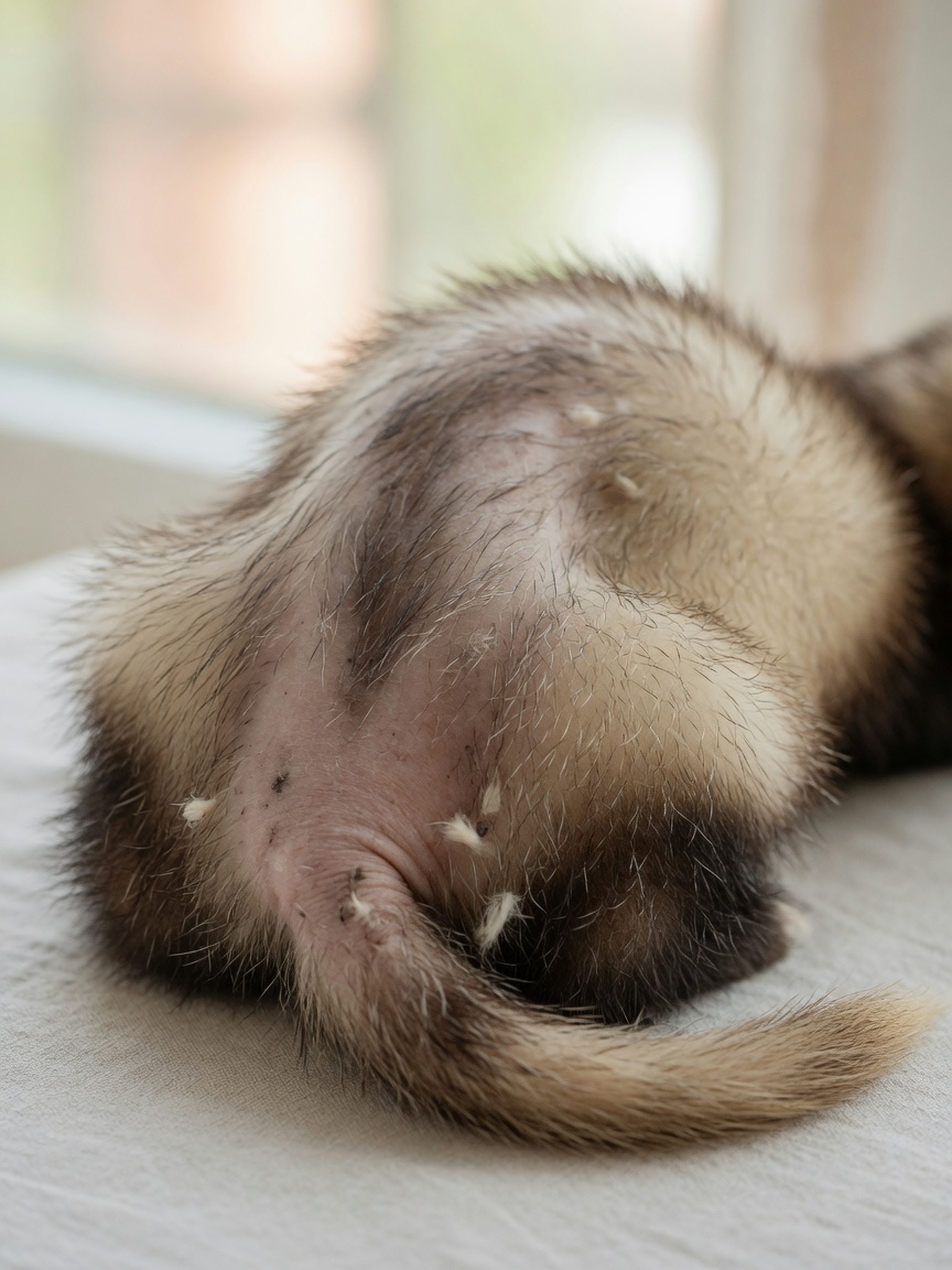Furetto con perdita di pelo simmetrica dovuta a malattia della ghiandola surrenale
