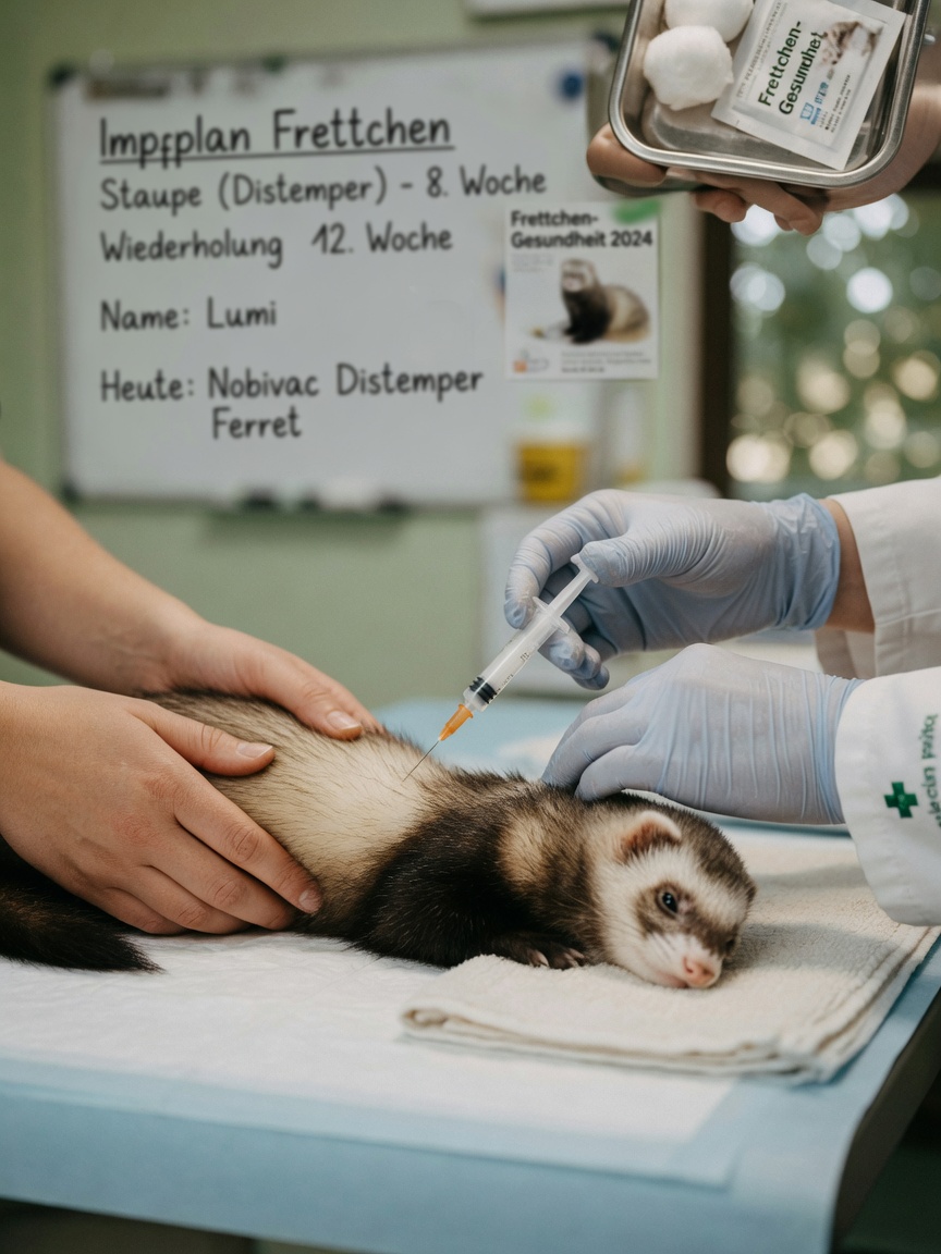 Veterinario che somministra la vaccinazione contro l'afta a un furetto