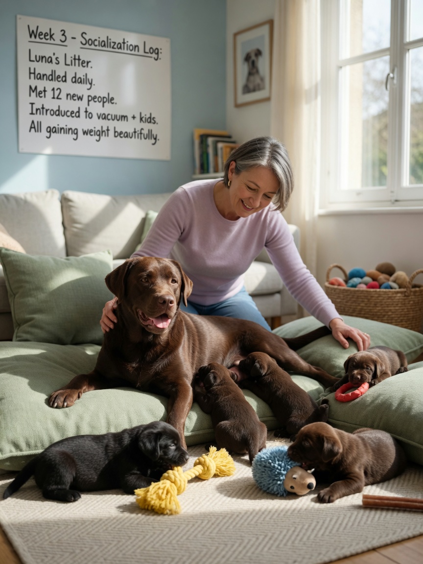 Breeder with healthy mother dog and her litter of puppies in a comfortable home living room environment