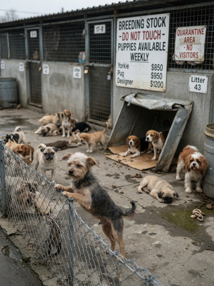 Overcrowded puppy mill facility with multiple dog breeds in poor conditions, illustrating red flags to avoid