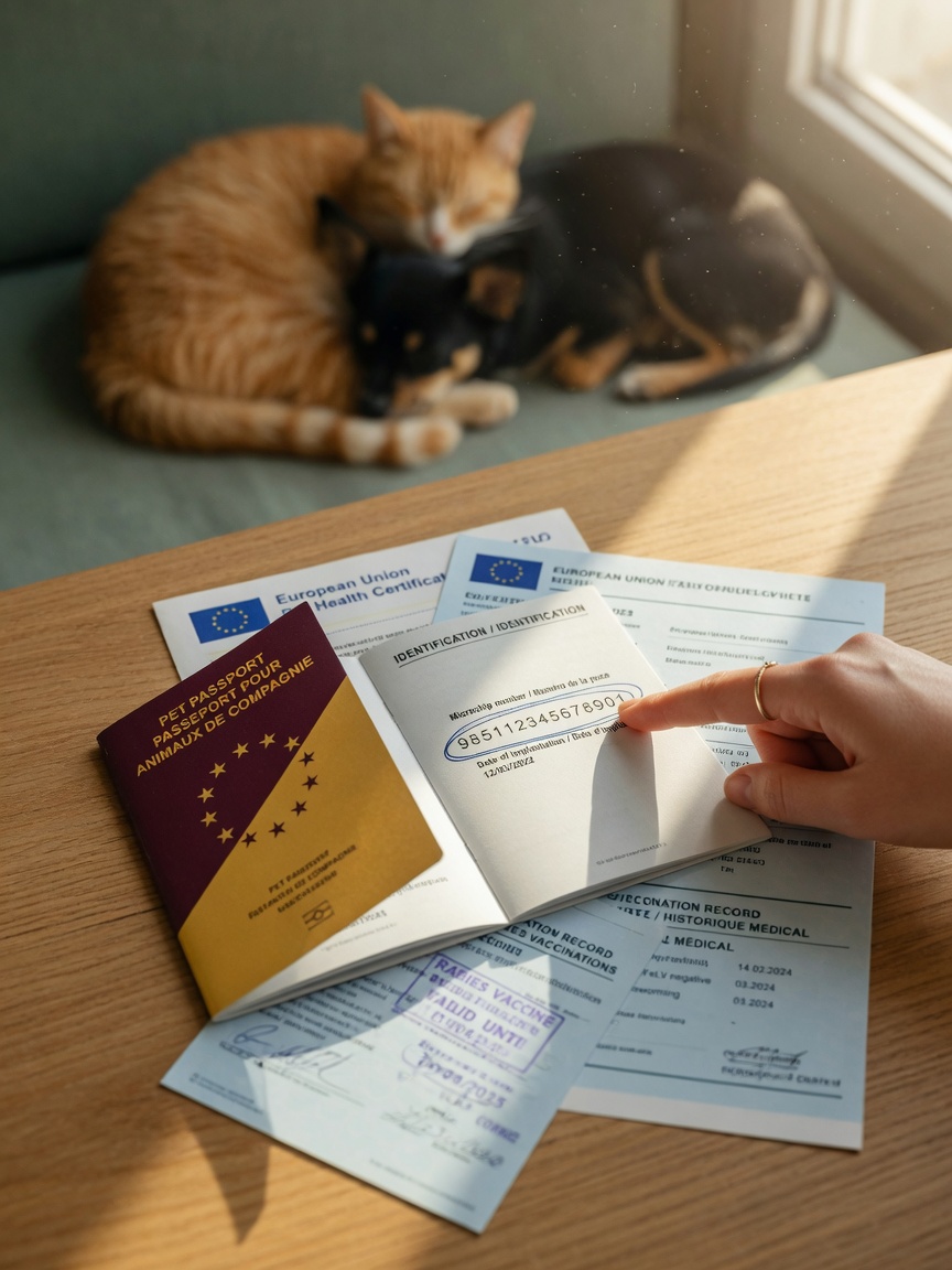 EU Pet Passport and medical records spread on a table with a pet owner's hand pointing to documents