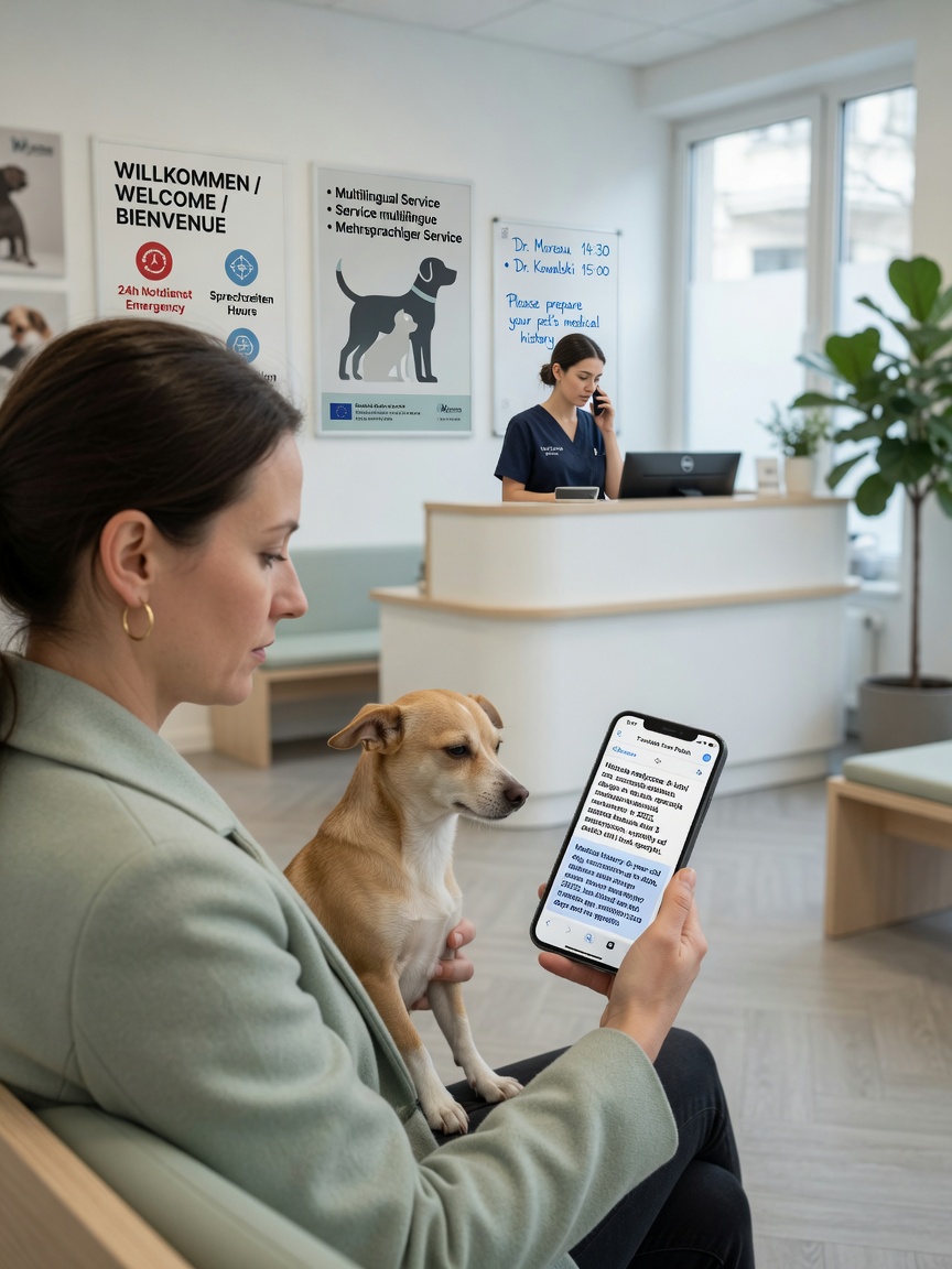 Pet owner using translation app on smartphone in a veterinary clinic while holding their dog