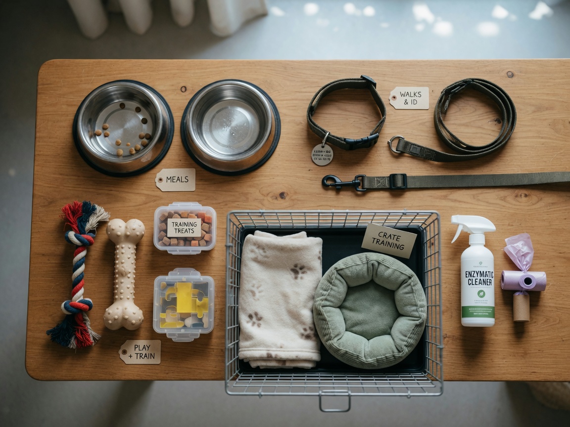 Foto plana de suministros para perros del primer mes incluyendo comederos, collar, correa, jaula, cama, juguetes, golosinas, limpiador enzimático y bolsas de heces dispuestas en mesa de madera