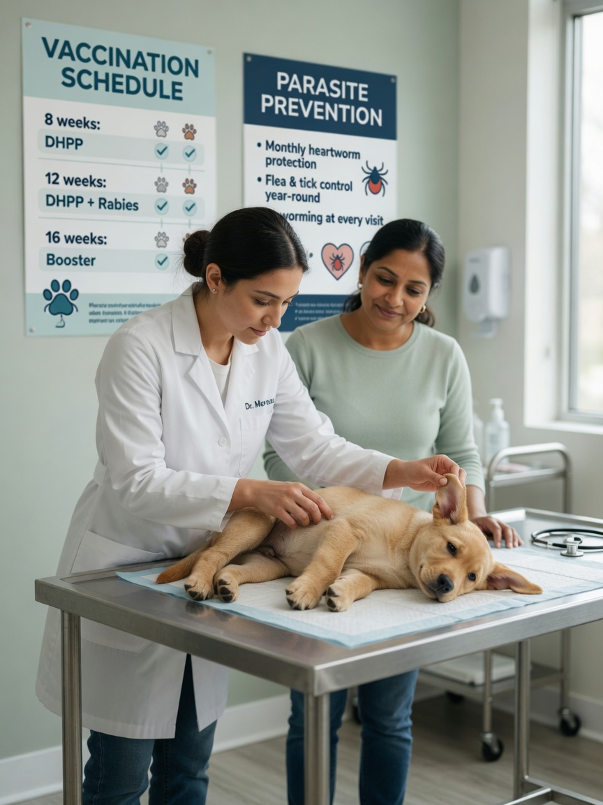 Veterinario realizando un examen de chequeo de salud en un cachorro joven en una mesa de examen durante una visita veterinaria del primer mes