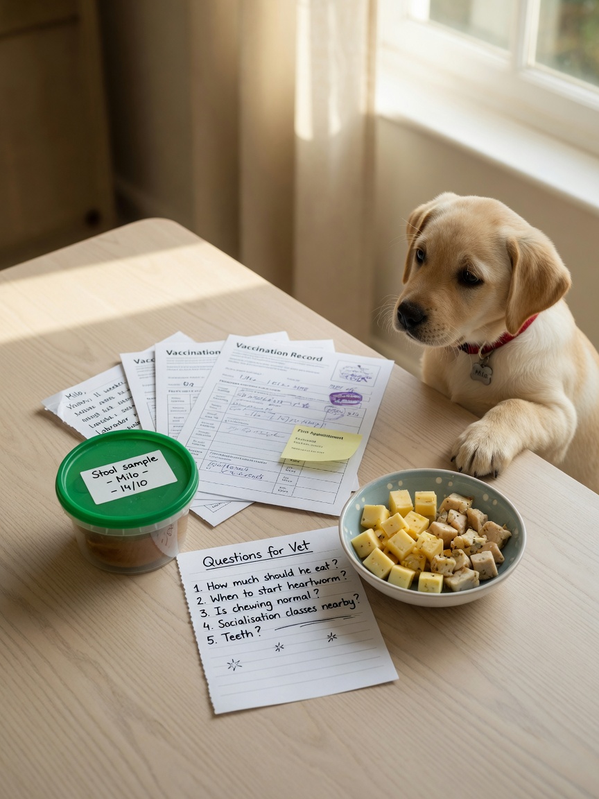 Puppy owner's preparation items for first vet visit including health records, stool sample container, written questions, and training treats