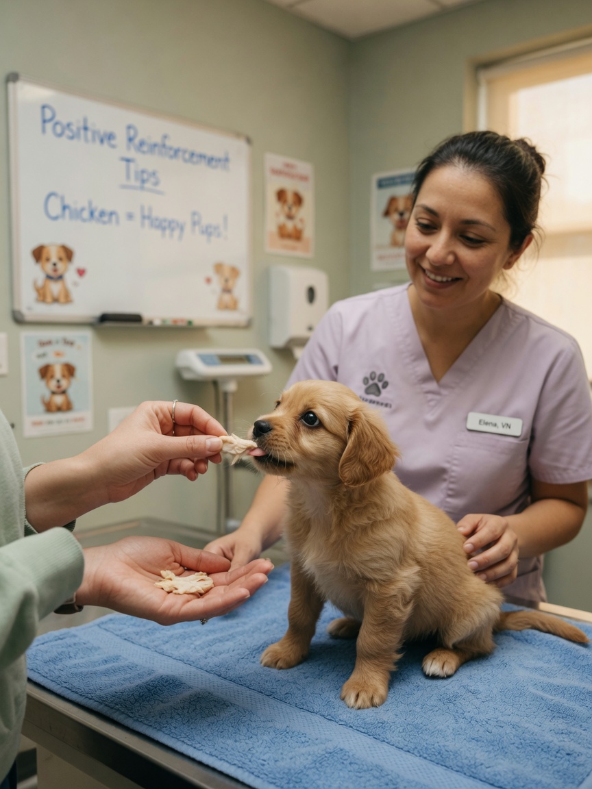 Owner giving high-value treats to puppy during veterinary appointment to reduce anxiety and build positive associations