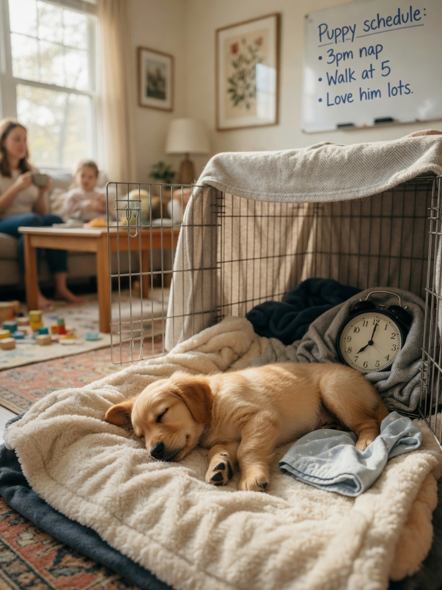 A puppy sleeping safely in a comfortable crate with bedding and calming items