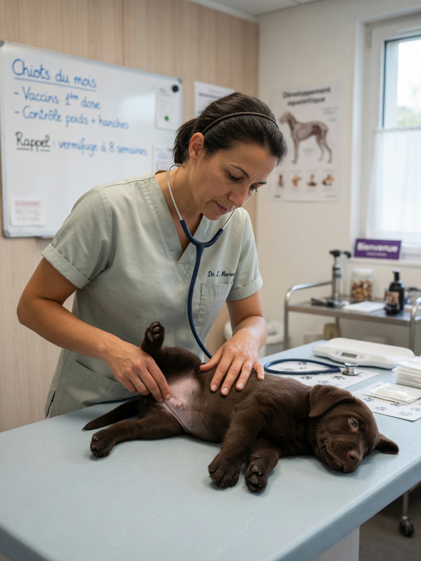 A veterinarian conducting a thorough physical examination of a young puppy during its first vet visit