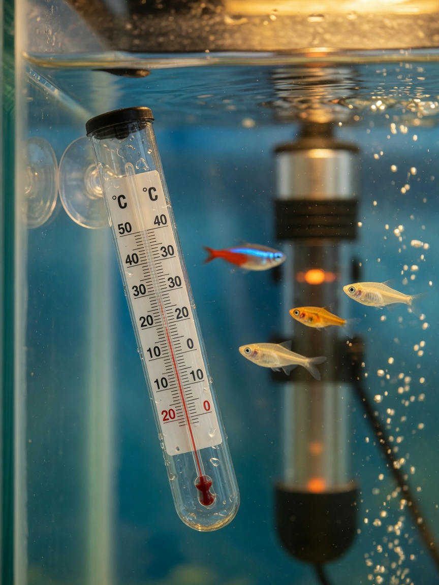 Aquarium thermometer showing elevated water temperature treatment for ich in a tropical fish tank
