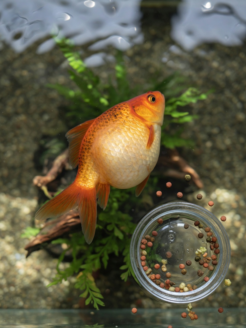 Ein Goldfisch mit aufgeblähtem, aufgetriebenem Bauch, der in der Nähe des Tankbodens kämpft und Schwimmblasenfunktionsstörung durch Überfütterung demonstriert.