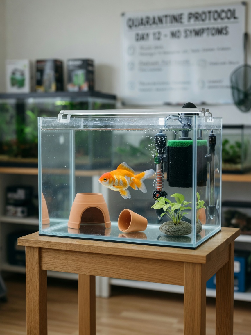 Un'allestimento compatto di vasca di quarantena con filtro a spugna, riscaldatore e nascondigli, contenente un pesce ornamentale sano