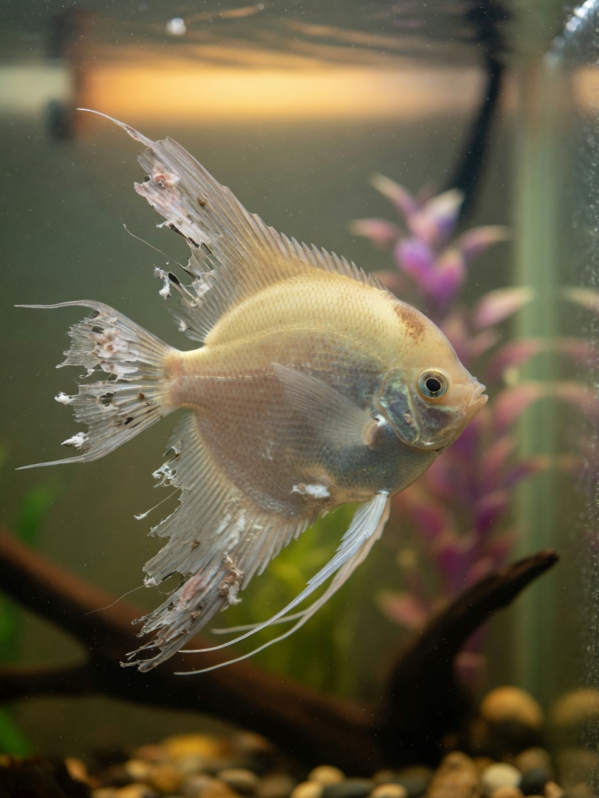 Pesce di acquario con marciume avanzato delle pinne che mostra pinne sfrangiate e scolorite con deterioramento lungo i margini