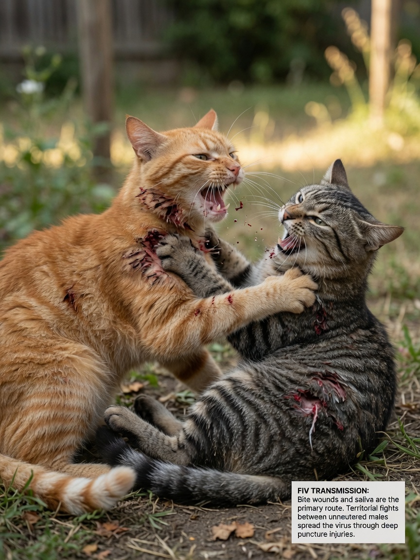 Dois gatos brigando ao ar livre mostrando comportamento territorial agressivo e mordidas, demonstrando como FIV é transmitido através de feridas de mordida profundas entre gatos.