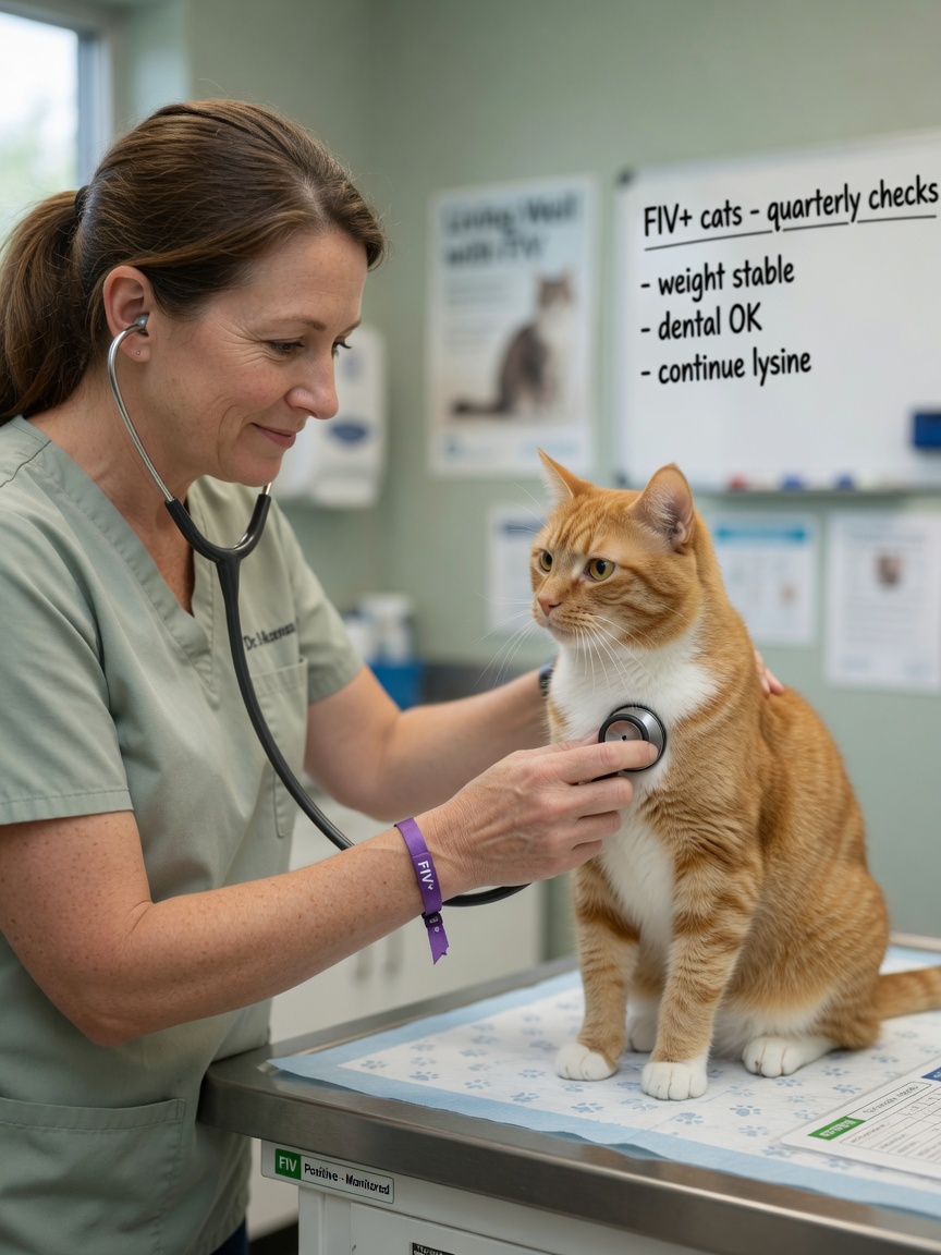 Um veterinário realizando um check-up de rotina em um gato FIV-positivo com um estetoscópio, ilustrando a importância do monitoramento regular e cuidado veterinário para gerenciar a condição.