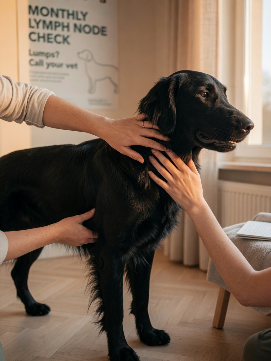 Owner performing monthly home body check on Flat-Coated Retriever, examining for lumps and abnormalities