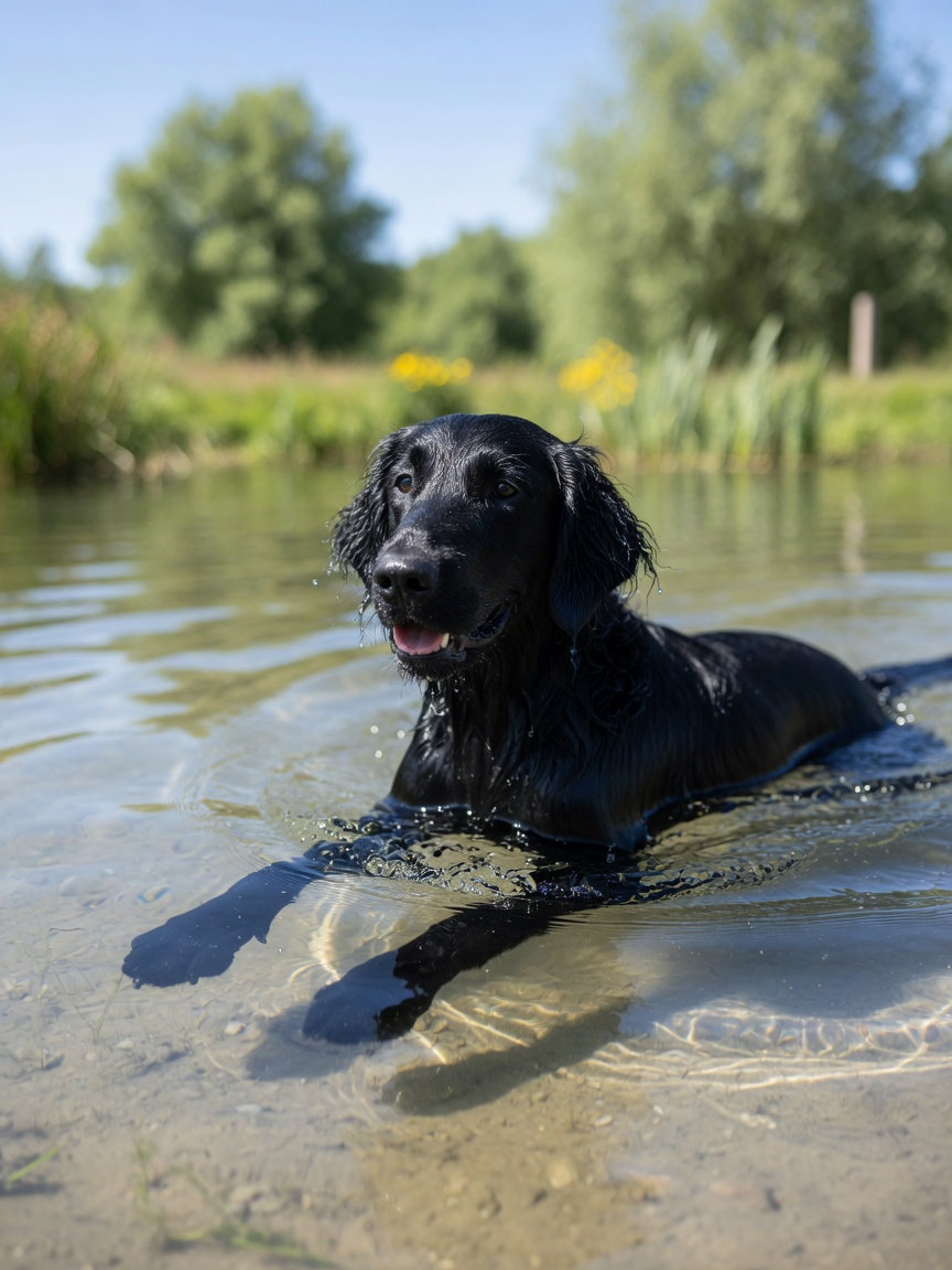 Flat-Coated Retriever swimming in water for low-impact exercise to support joint health
