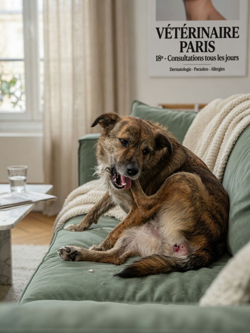 Dog intensely grooming and scratching at its lower back and rear body, showing flea allergy dermatitis behavior