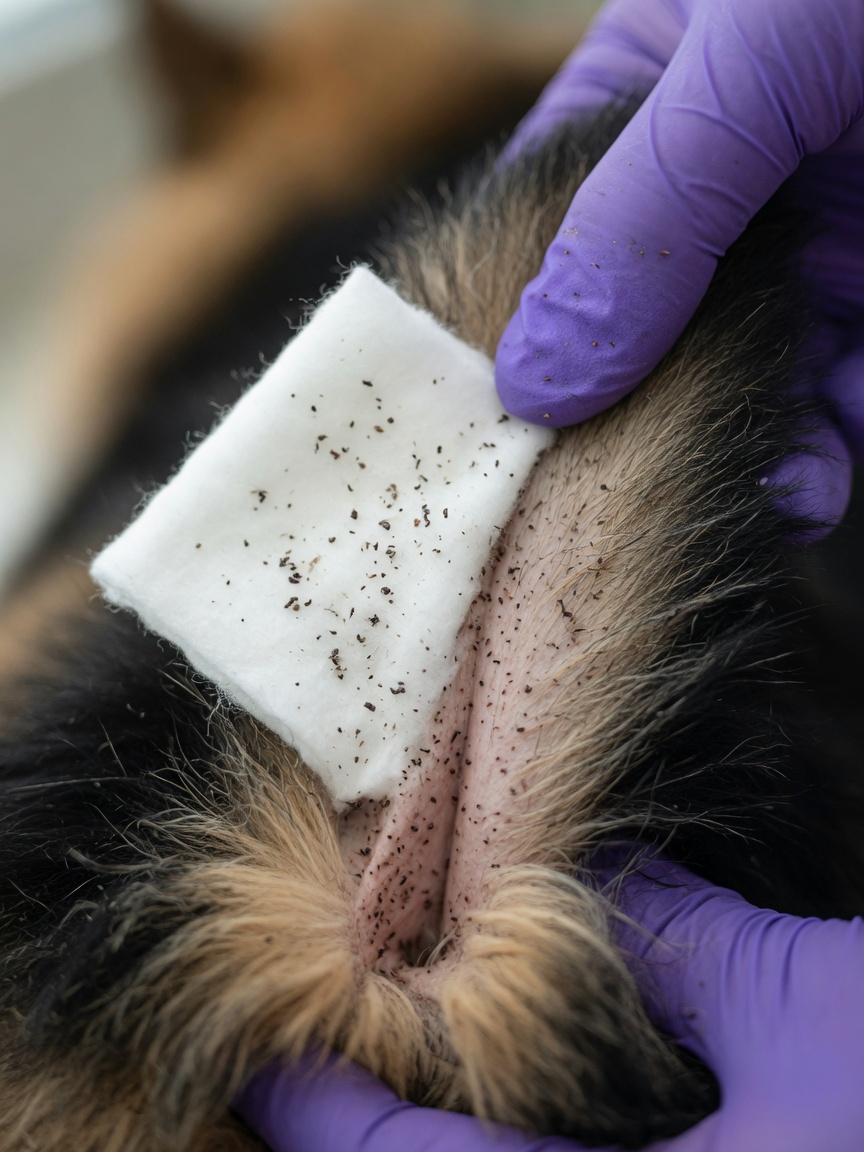 Veterinarian examining dog's coat for flea dirt at the tail base using white tissue to collect diagnostic particles