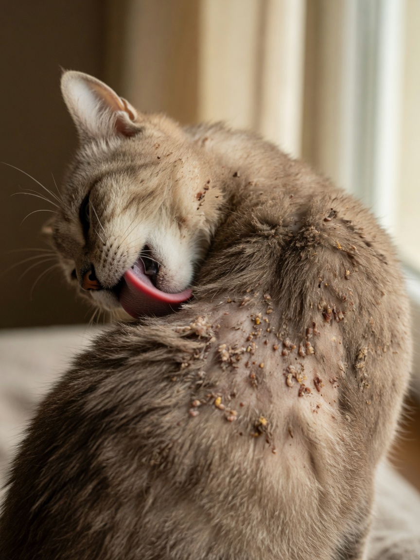Close-up of a cat's neck with miliary dermatitis showing tiny crusted papules while the cat grooms itself