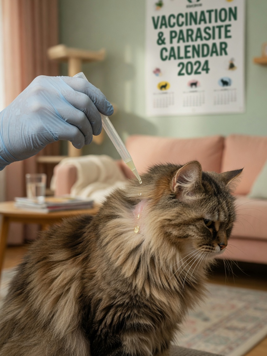 Veterinarian applying spot-on flea prevention treatment to the back of a cat's neck