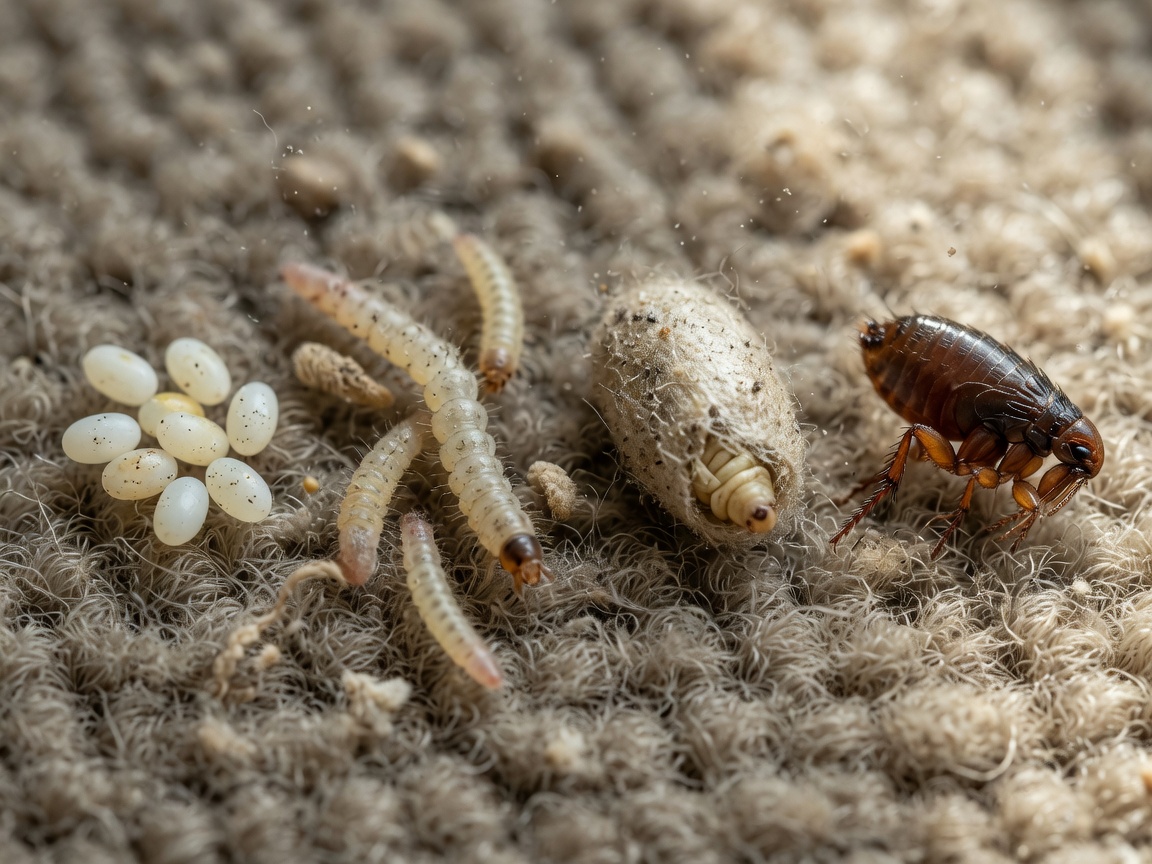 Visual representation of the four flea life stages: eggs, larvae in carpet fibers, pupae in protective cocoon, and adult flea