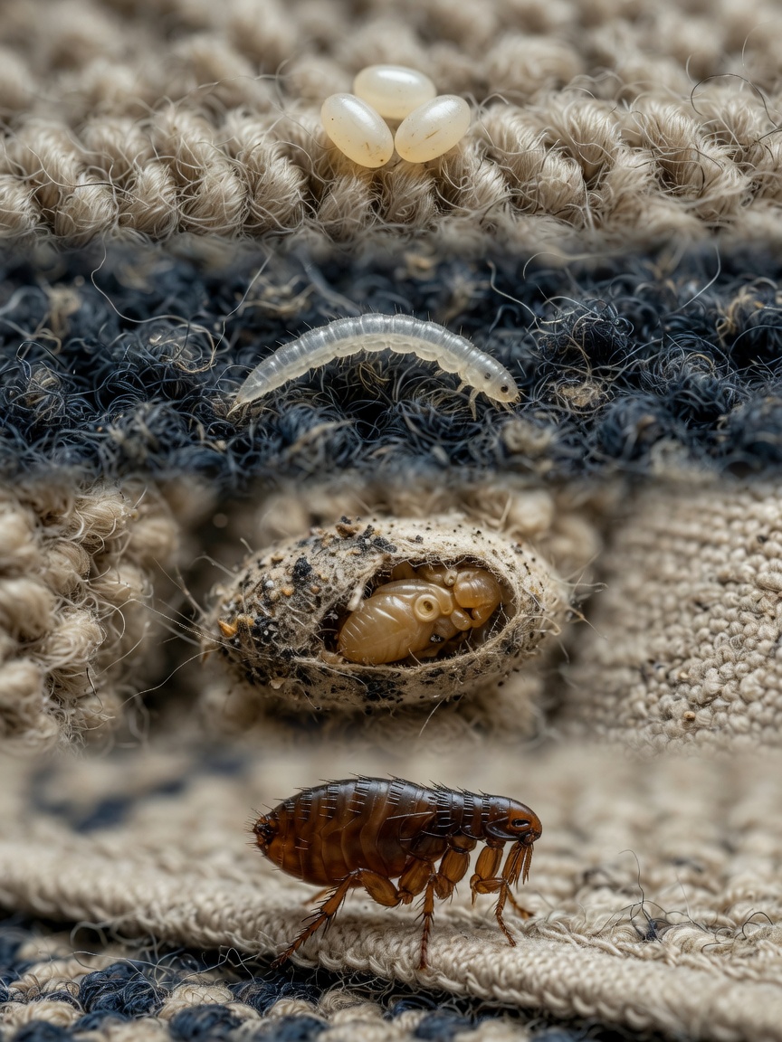 Visual representation of the four flea life cycle stages: eggs, larvae, pupae in cocoons, and adult fleas in home environments