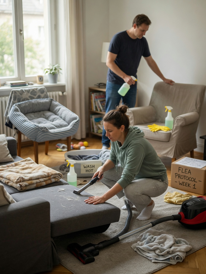 Home environment treatment for fleas showing vacuuming under furniture and spraying insecticide on carpets and soft furnishings