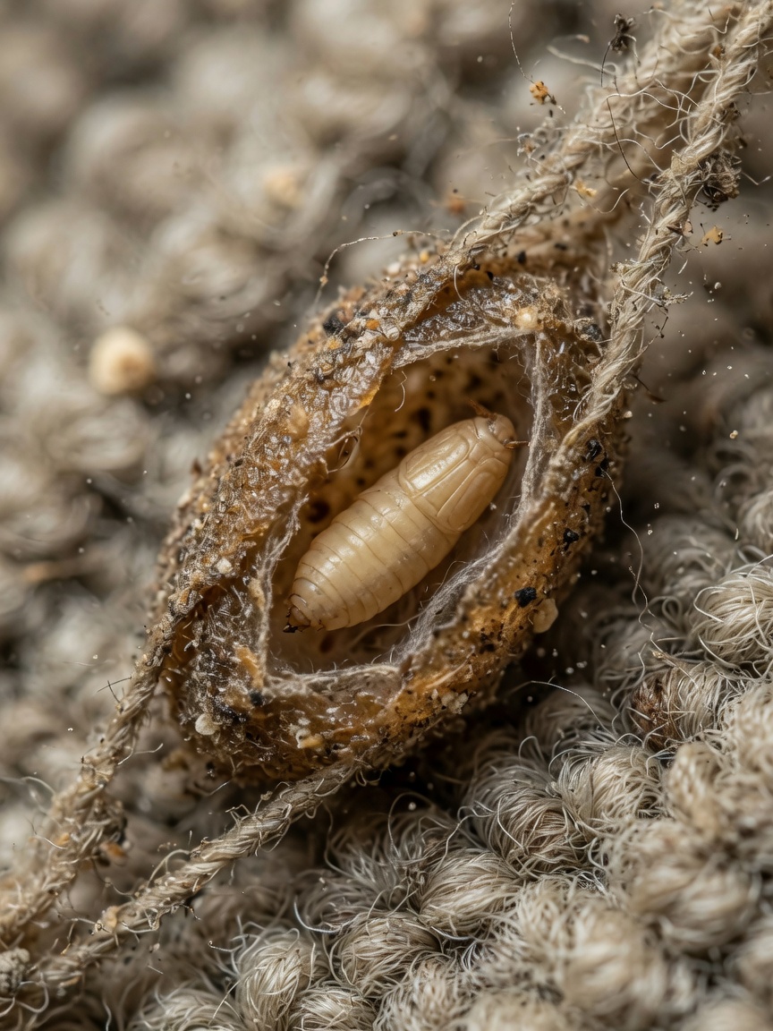 Magnified view of a flea pupa inside its protective cocoon attached to carpet fibers
