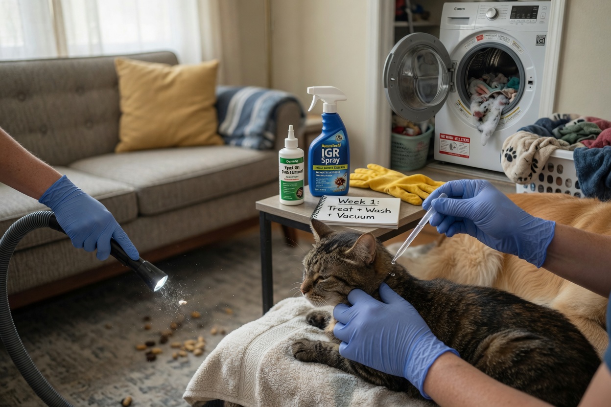 Multi-task household flea control scene with vacuuming, pet treatment, bedding washing, and household spray application