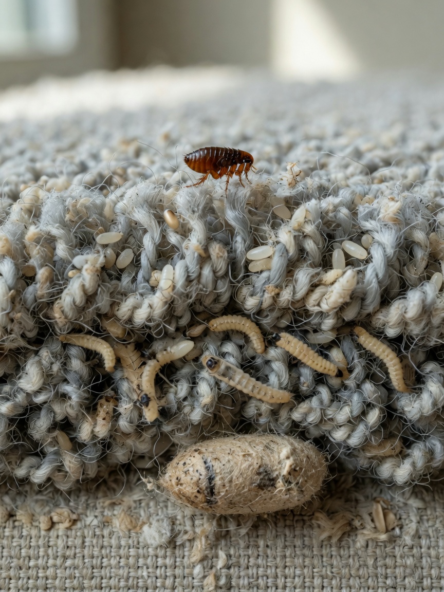 Macro view of carpet fibers showing flea life stages: eggs, larvae, pupae, and adult flea