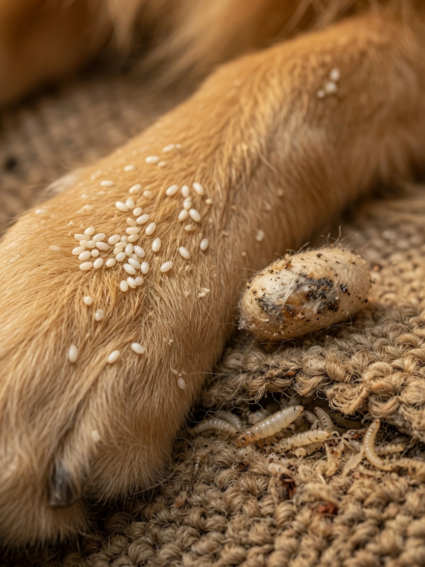 Detailed view of flea lifecycle stages including eggs, larvae, and pupae in carpet fibers and on pet fur