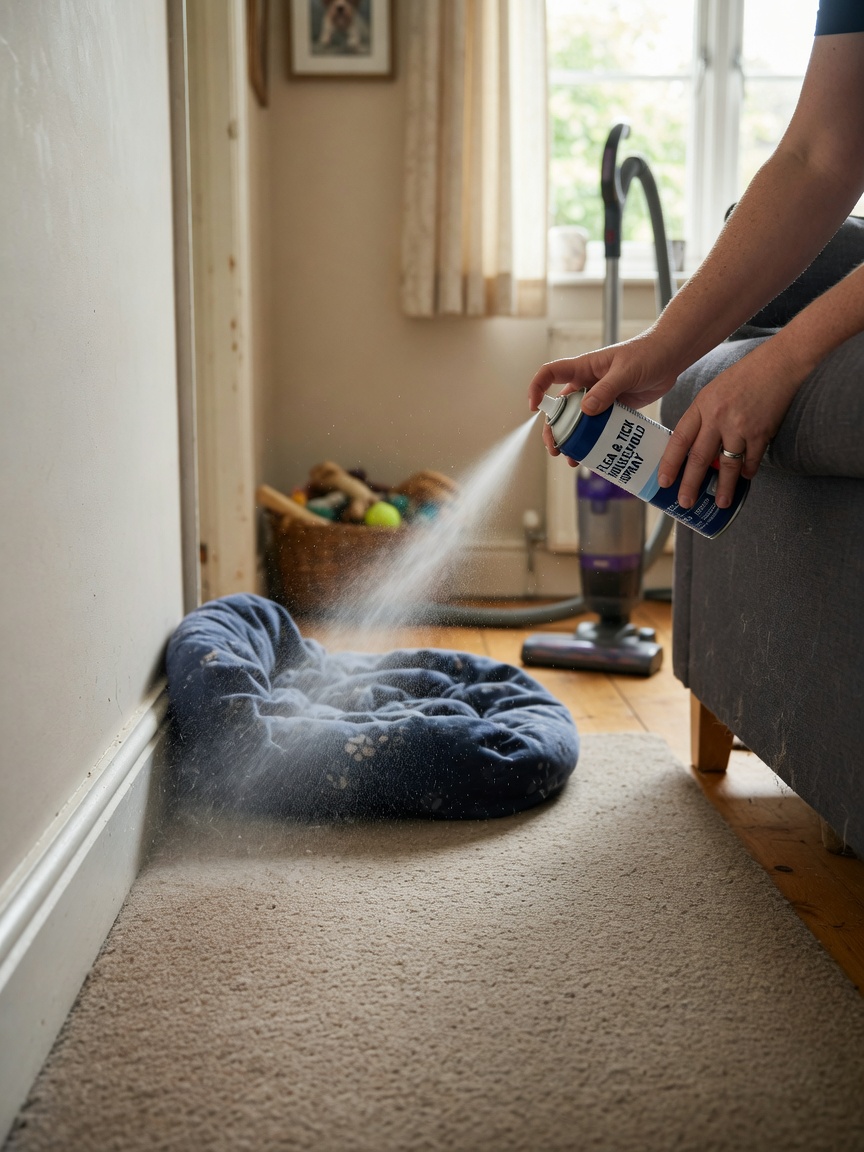 Pet owner applying household flea spray to carpeted areas and under furniture during home treatment
