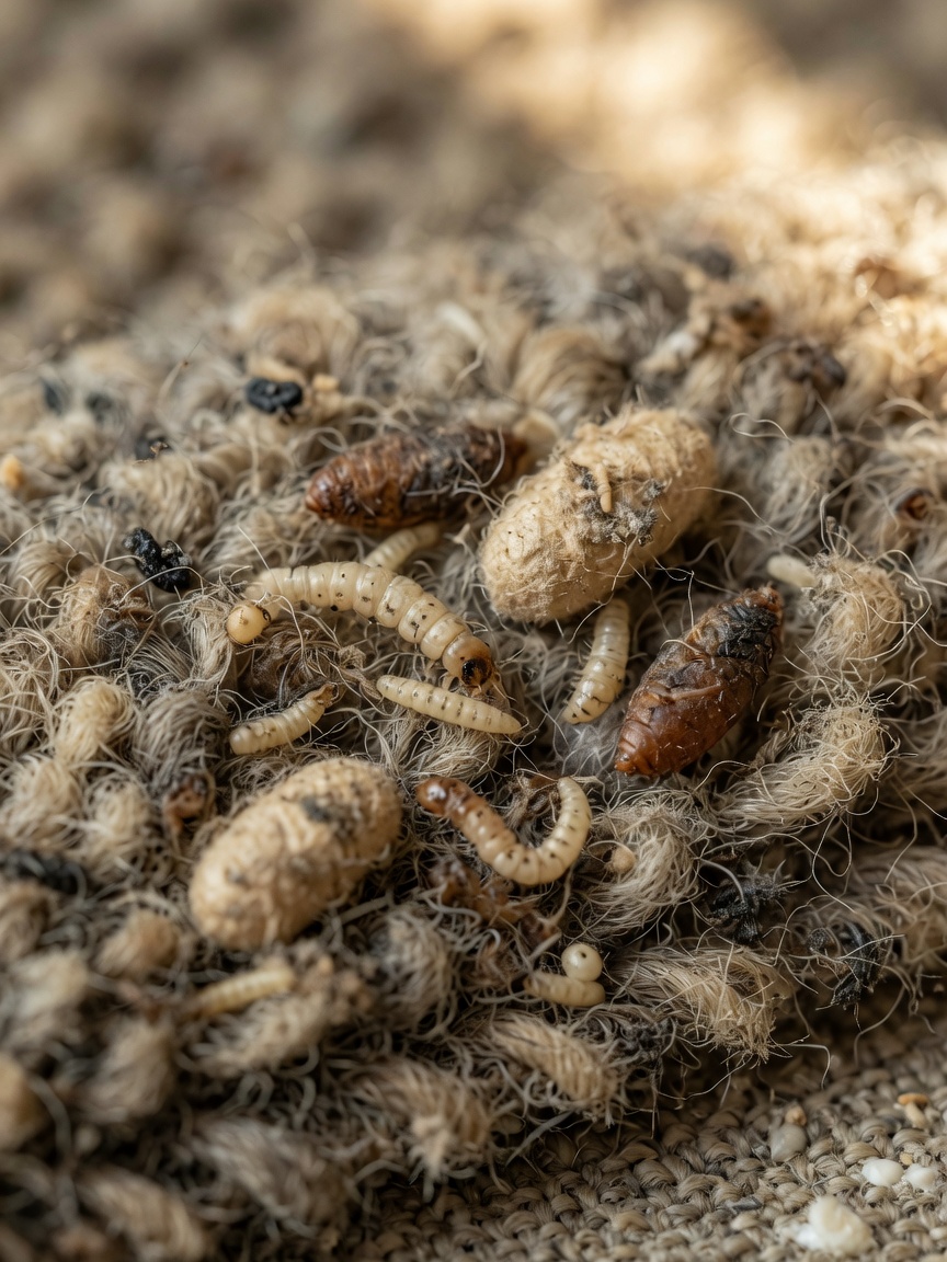 Close-up view of flea larvae and pupae developing within carpet fibres, showing the hidden stages of the flea lifecycle in home environments
