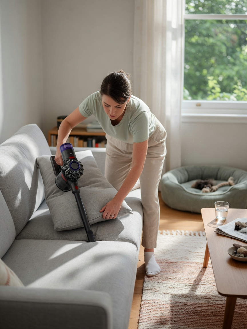 Person vacuuming an upholstered sofa thoroughly as part of comprehensive environmental flea control in a home