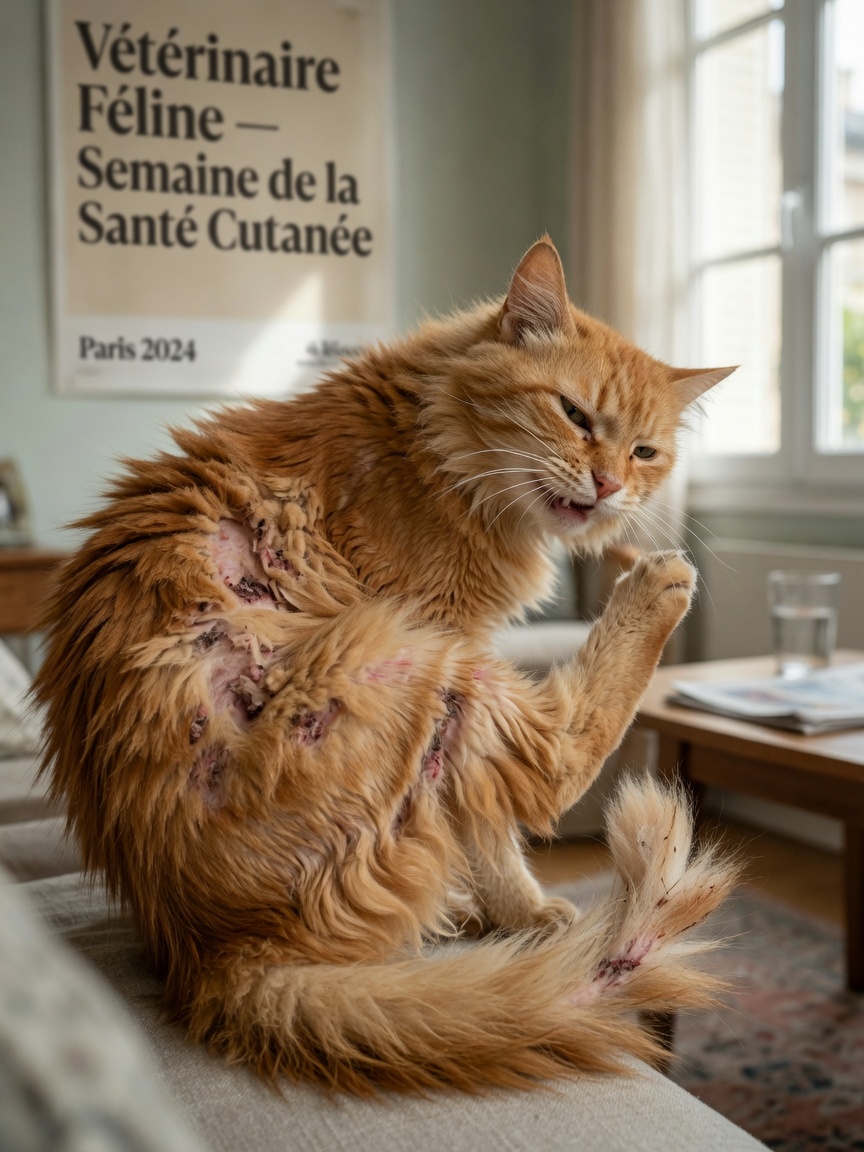 Ginger cat scratching intensely at back and neck showing flea allergy dermatitis with visible hair loss and skin irritation